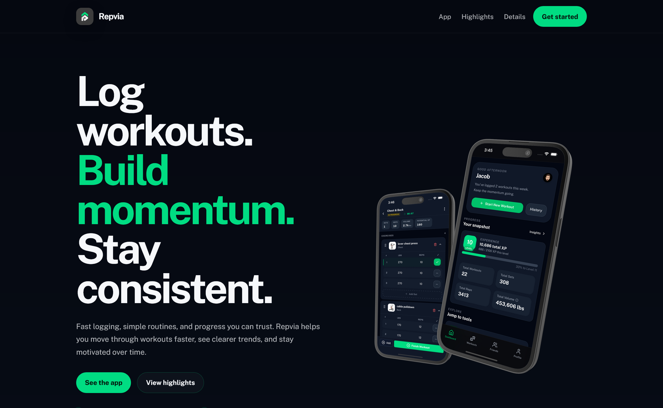 Repvia landing page hero with app mockups and app store buttons.
